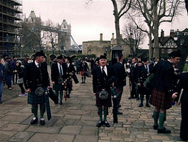A picture of Scottish guards assembeling to parade